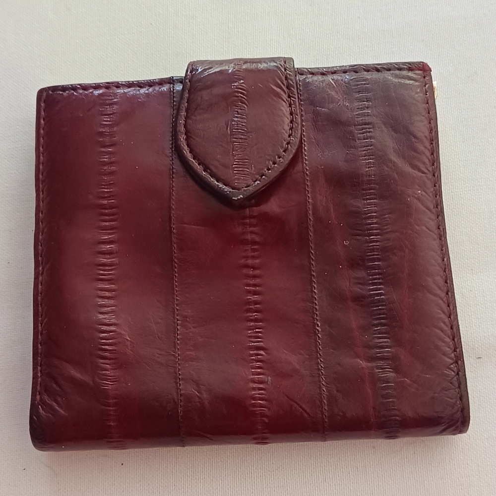 Vtg Soft Eel Skin Trifold Double Kiss Lock Framed Coin Purse Hato Clutch Brown
